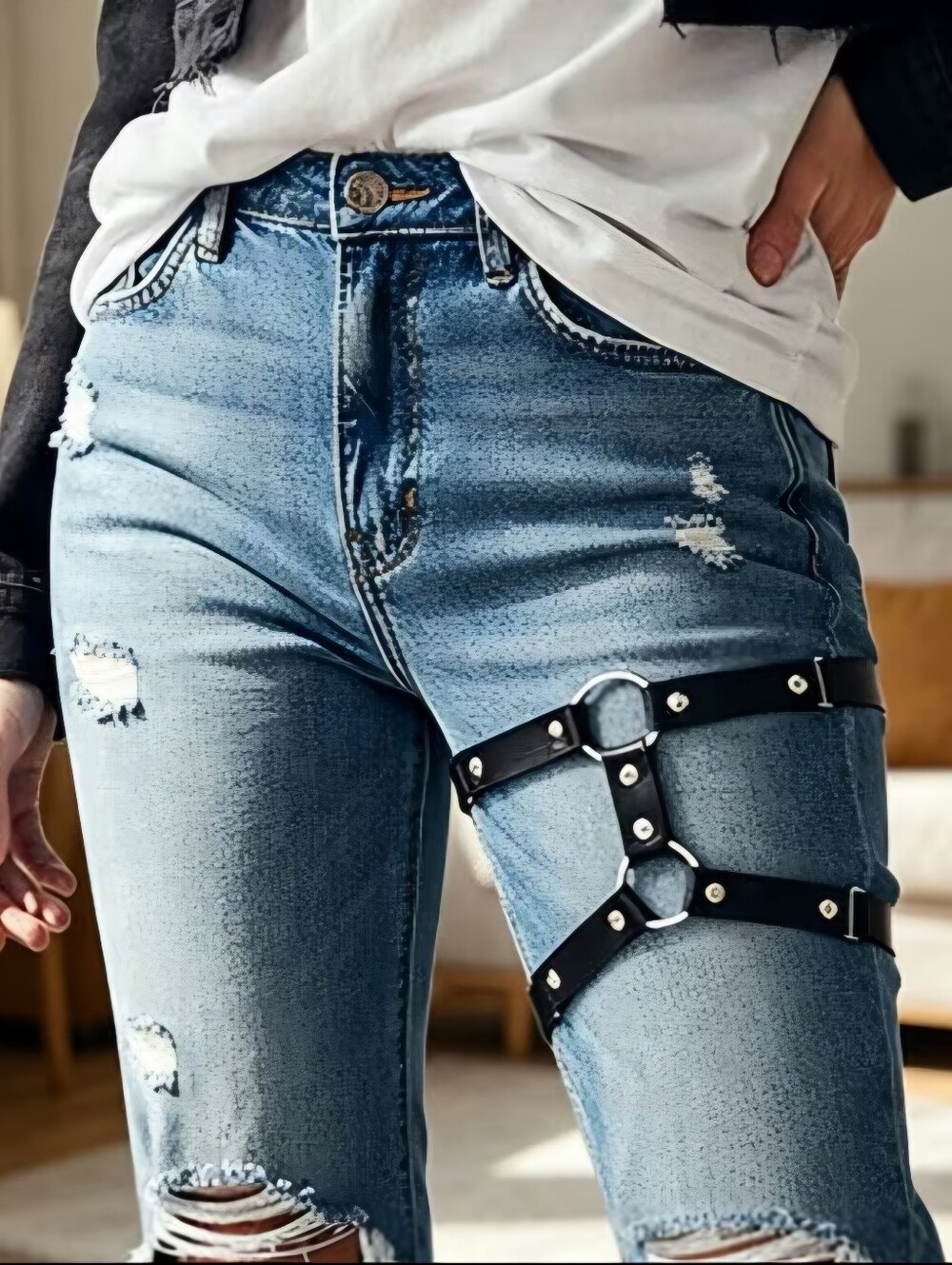 Black Leg‎ Harness Faux Leather Style With Metal Rings And Studs